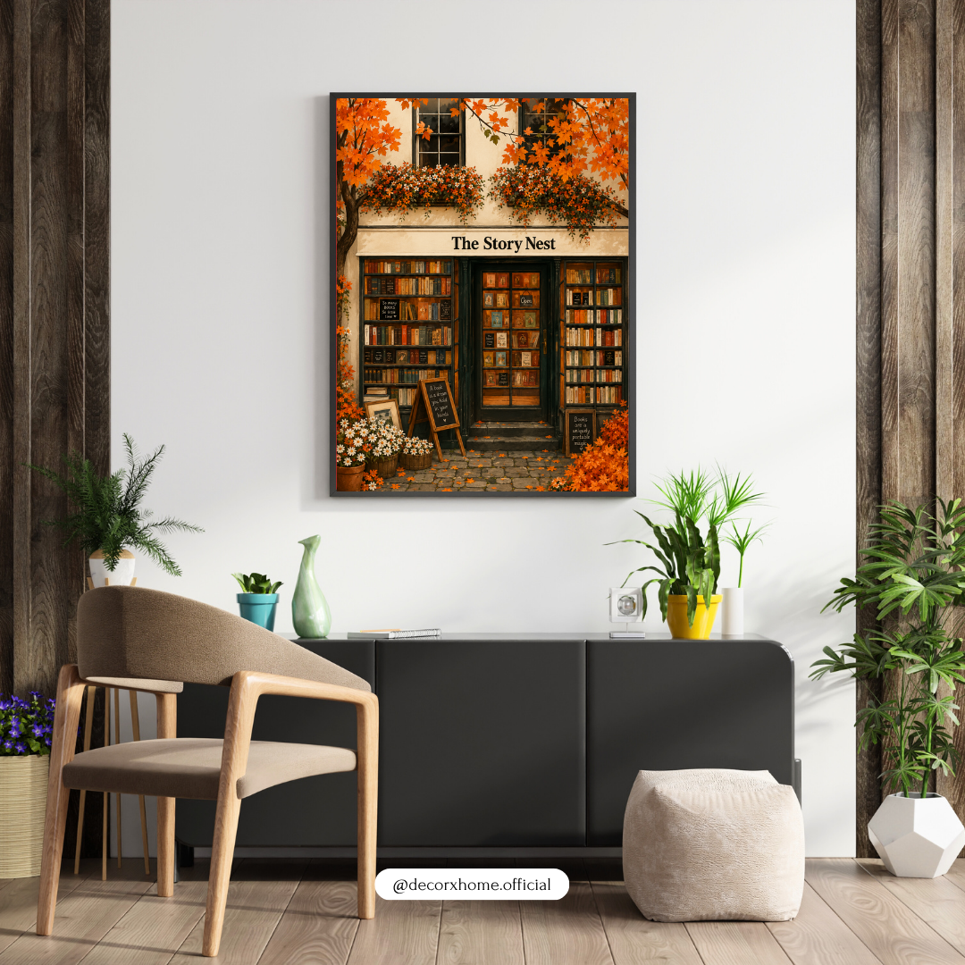 The Story Nest Bookstore Poster – Cozy Autumn Bookshop Wall Art