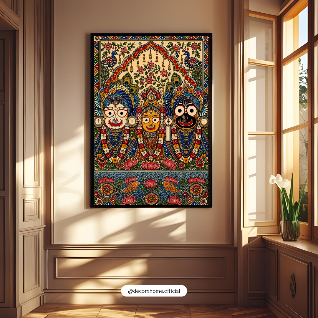 Jagannath Balabhadra Subhadra Poster | Traditional Indian Folk Art Wall Decor | Puri Jagannath Spiritual Art | Decorexhome