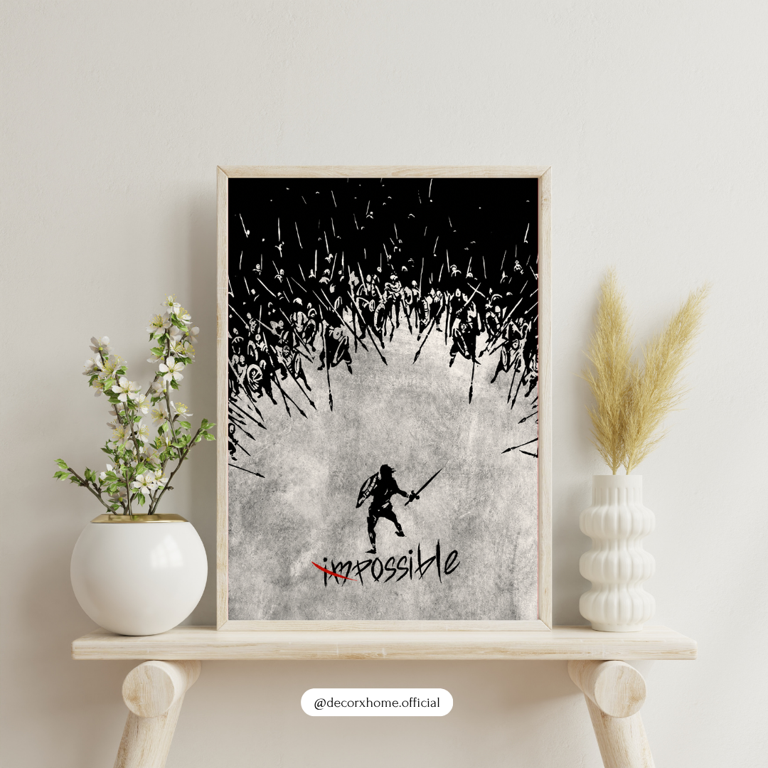 DecorexHome “Impossible” Warrior Motivation Poster | Minimal Black & White Inspirational Wall Art | Spartan Battle Artwork | Modern Mindset Decor
