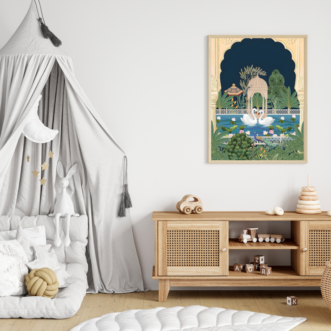 Royal Swans in Palace Garden – Traditional Indian Art Poster 🦢🌸