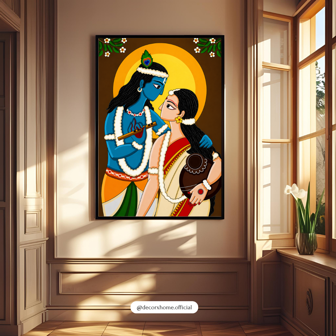 Radha Krishna Divine Love Wall Art Poster – Traditional Indian Folk Style Spiritual Painting | Decorxhome