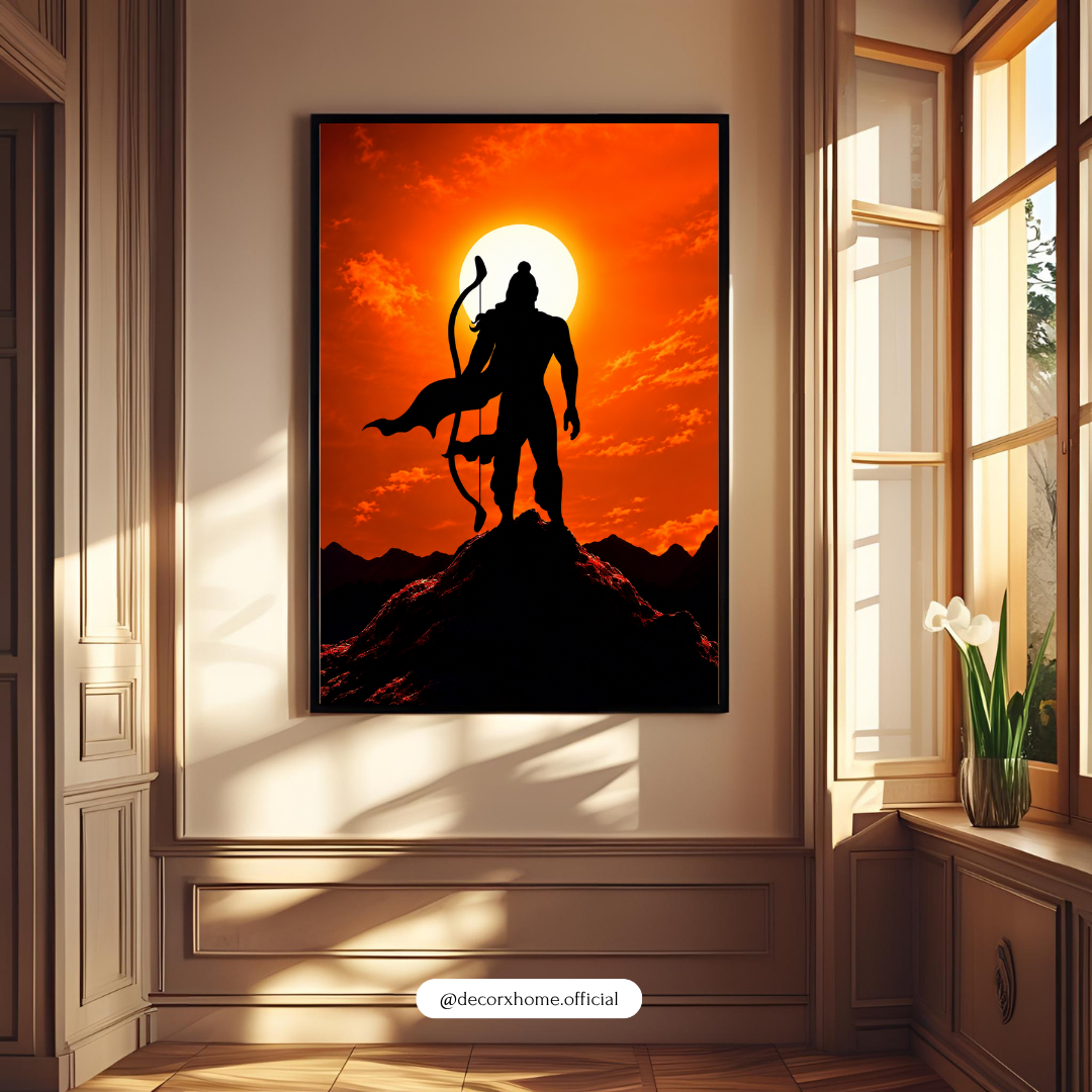 Lord Hanuman Silhouette Wall Art | Divine Orange Sunset Hindu God Poster | Spiritual & Devotional Wall Decor | Decorexhome