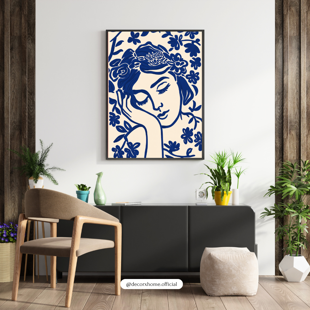 Blue Muse Floral Portrait Poster – Modern Feminine Botanical Wall Art