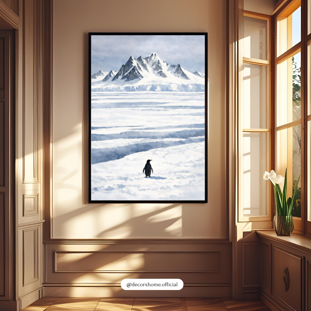Arctic Penguin Landscape Poster – Minimal Snow Mountain Nature Wall Art | Decorxhome
