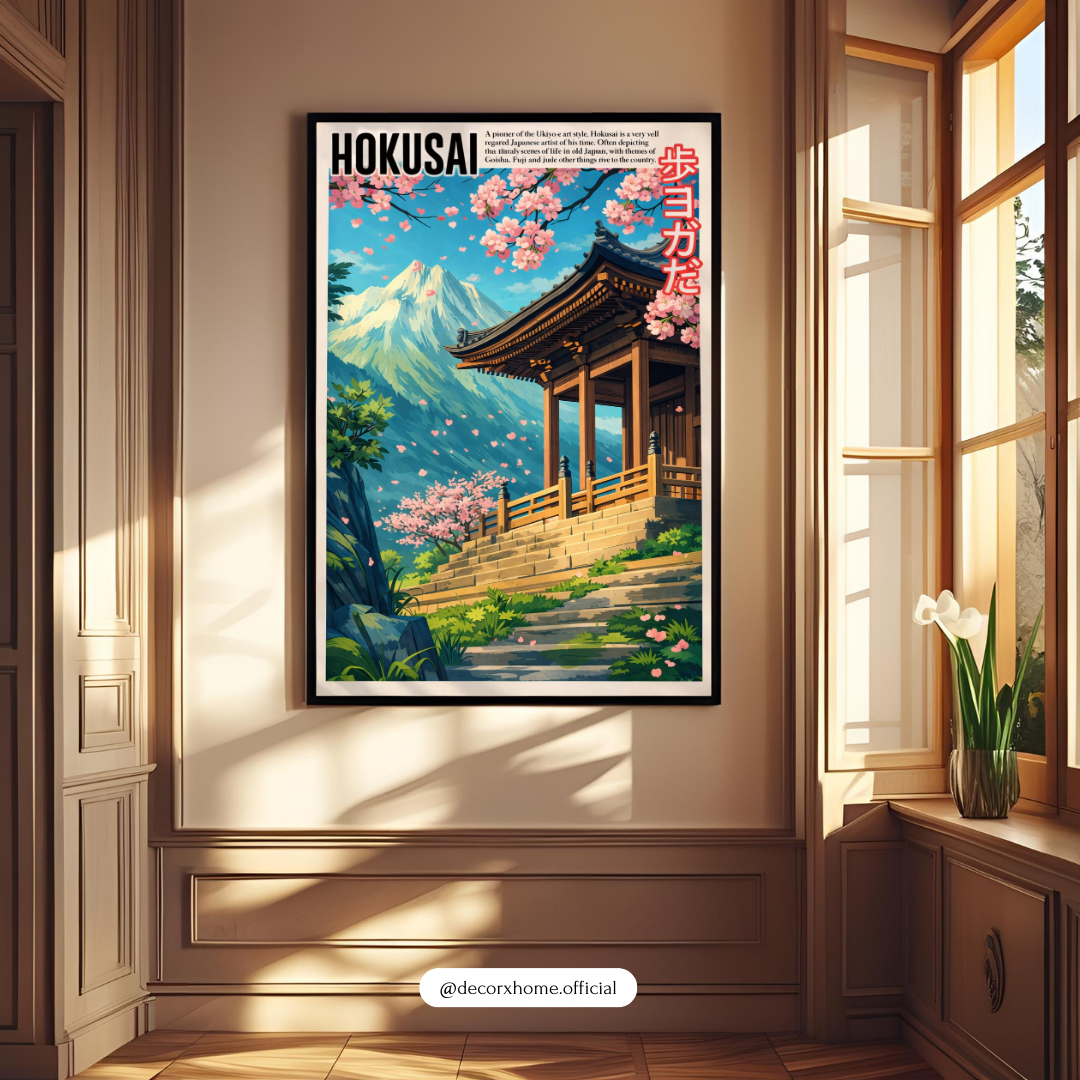 HOKUSA Japanese Temple & Mount Fuji Poster – Cherry Blossom Landscape Wall Art | Decorxhome
