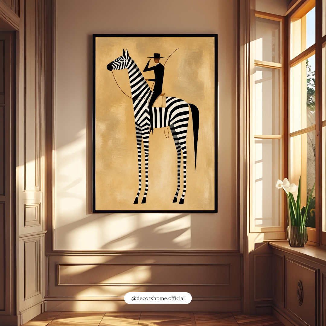 Decorexhome Zebra Rider Wall Art | Minimalist Zebra & Horse Rider Poster | Black & White Animal Artwork