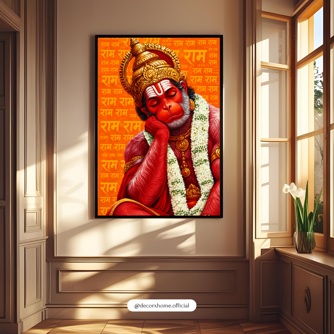 Divine Lord Hanuman Ram Naam Orange Spiritual Wall Art Poster | Decorexhome