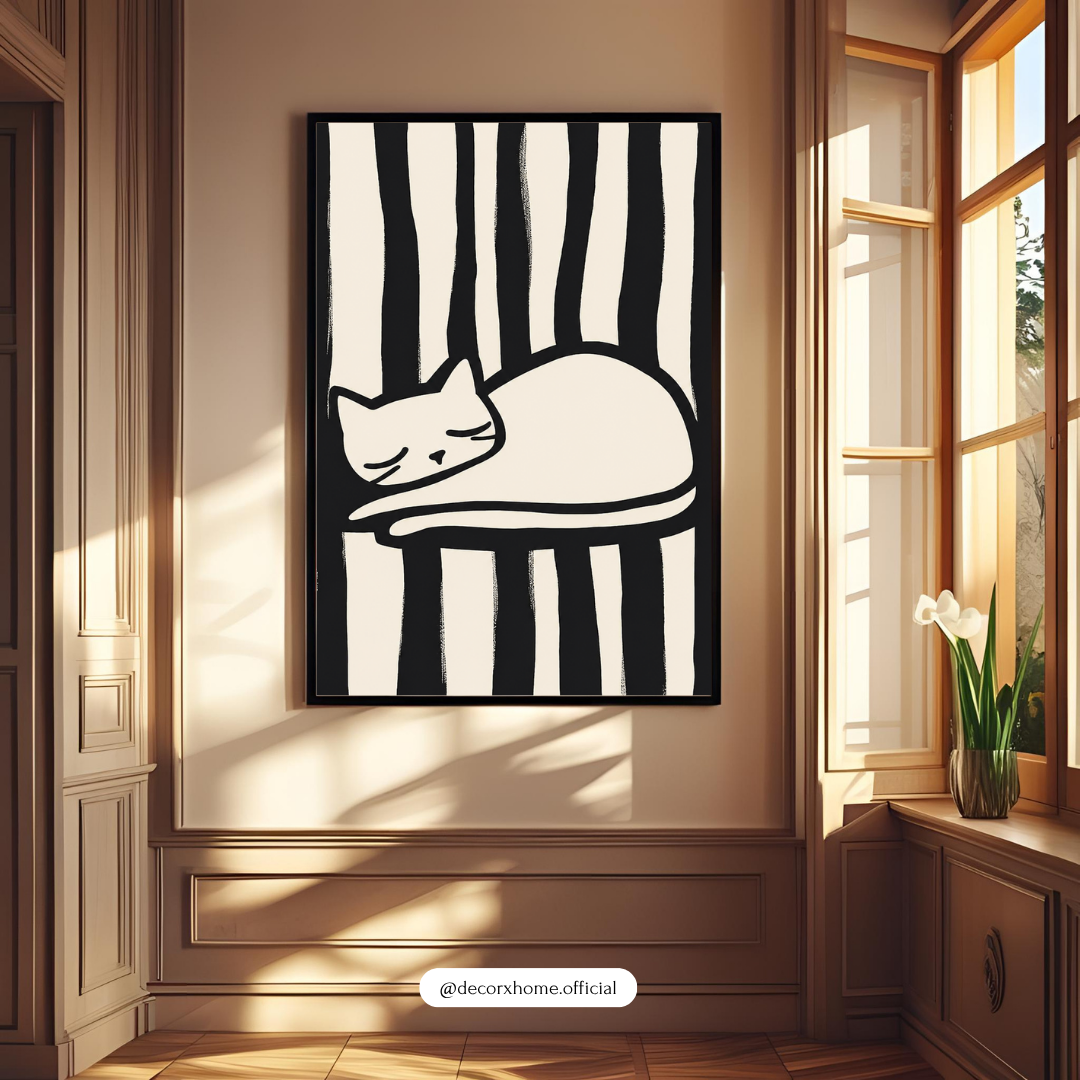 Minimal Sleeping Cat Wall Art Poster – Black & White Abstract Line Art Print | Cute Aesthetic Pet Decor for Bedroom & Living Room | Decorxhome