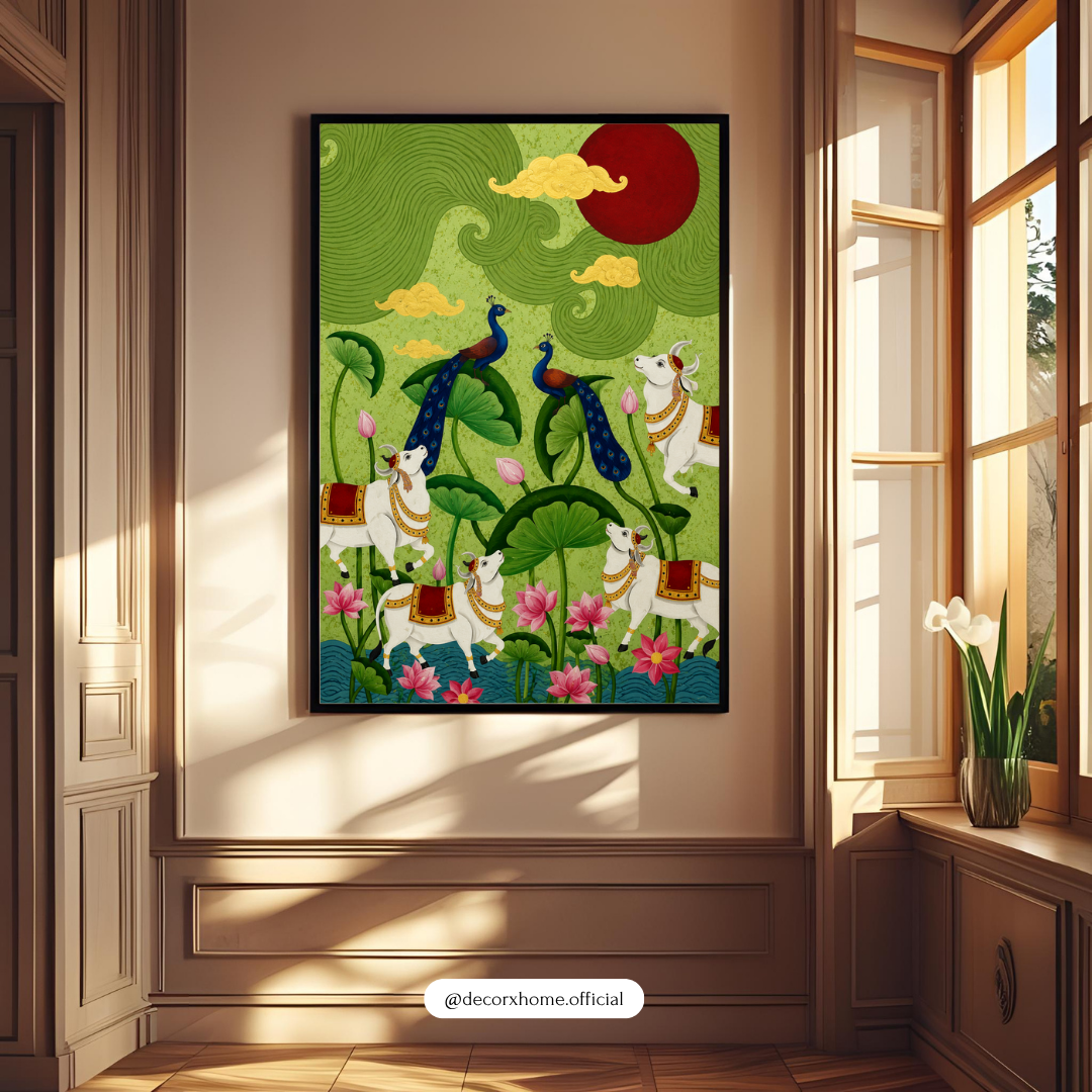 Traditional Peacock & Lotus Garden Wall Art Poster | Indian Folk Nature Artwork | Decorative Cultural Print | Decorexhome
