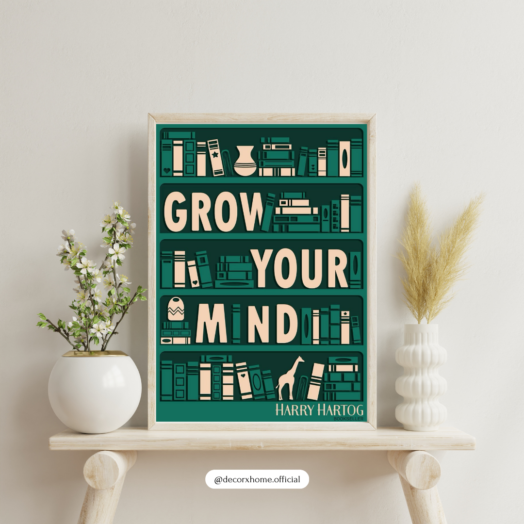 Grow Your Mind – Minimalist Bookshelf Inspirational Wall Poster