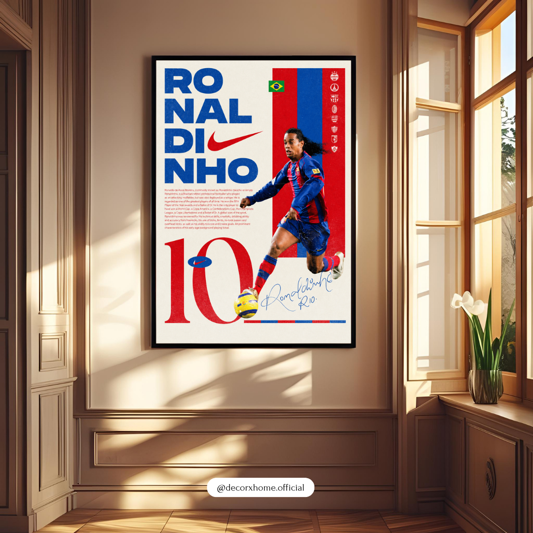 Ronaldinho Football Legend Poster with Frame – Retro Sports Wall Art for Bedroom & Gaming Room