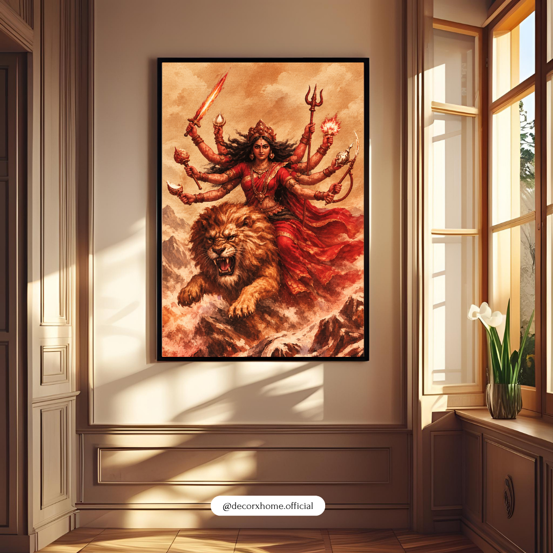 Goddess Durga with Lion Wall Art | Maa Durga Poster & Framed Artwork