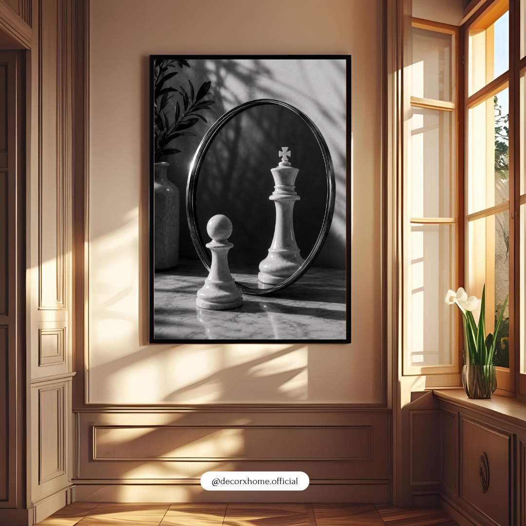 Chess King & Pawn Mirror Art – Minimalist Black & White Strategy Poster | Decorexhome