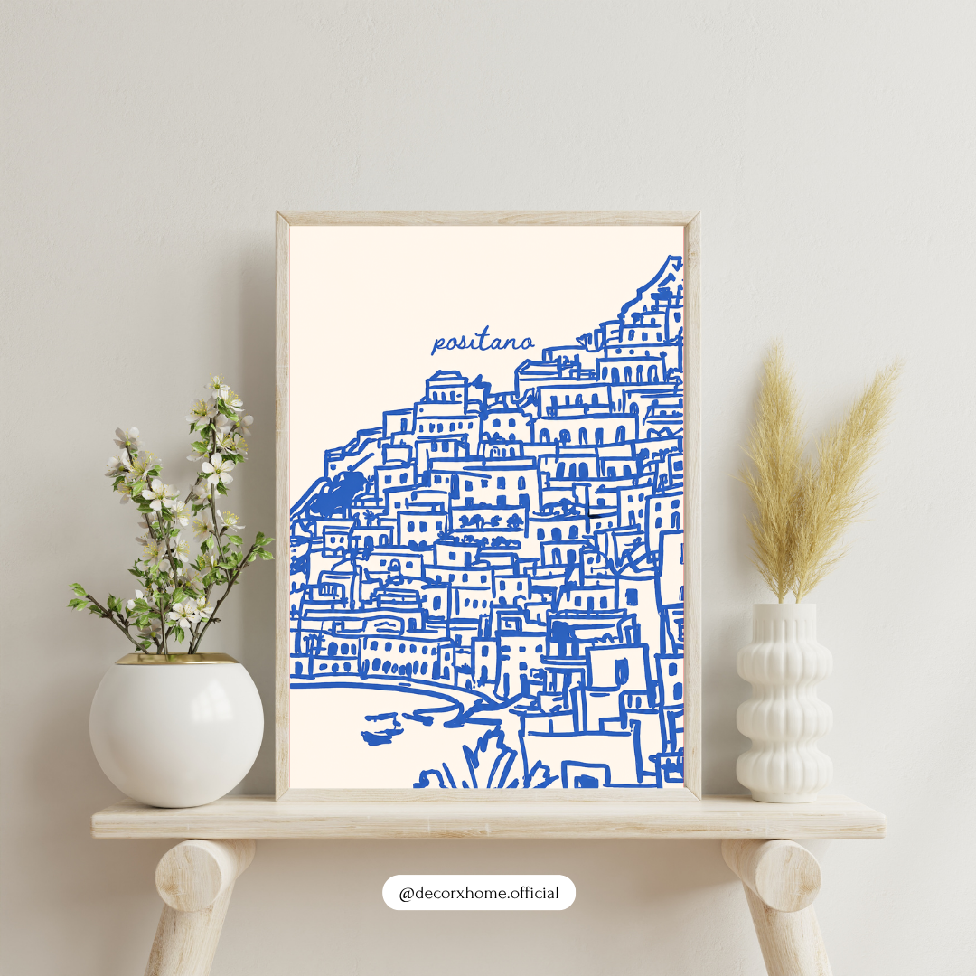Positano Minimal Line Art Poster | Blue Coastal City Sketch Wall Art by DecorxHome