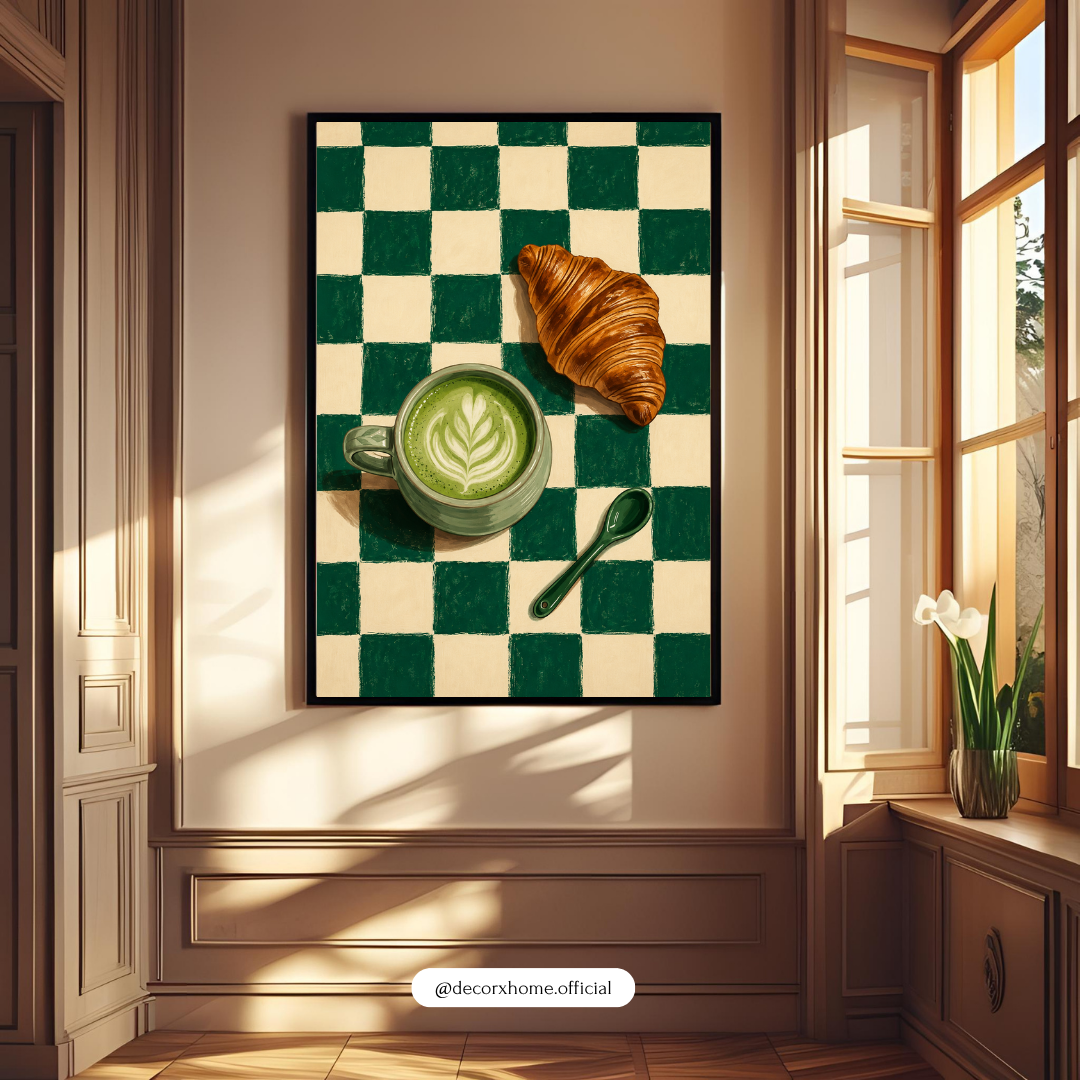 Green Checkerboard Matcha & Croissant Wall Art