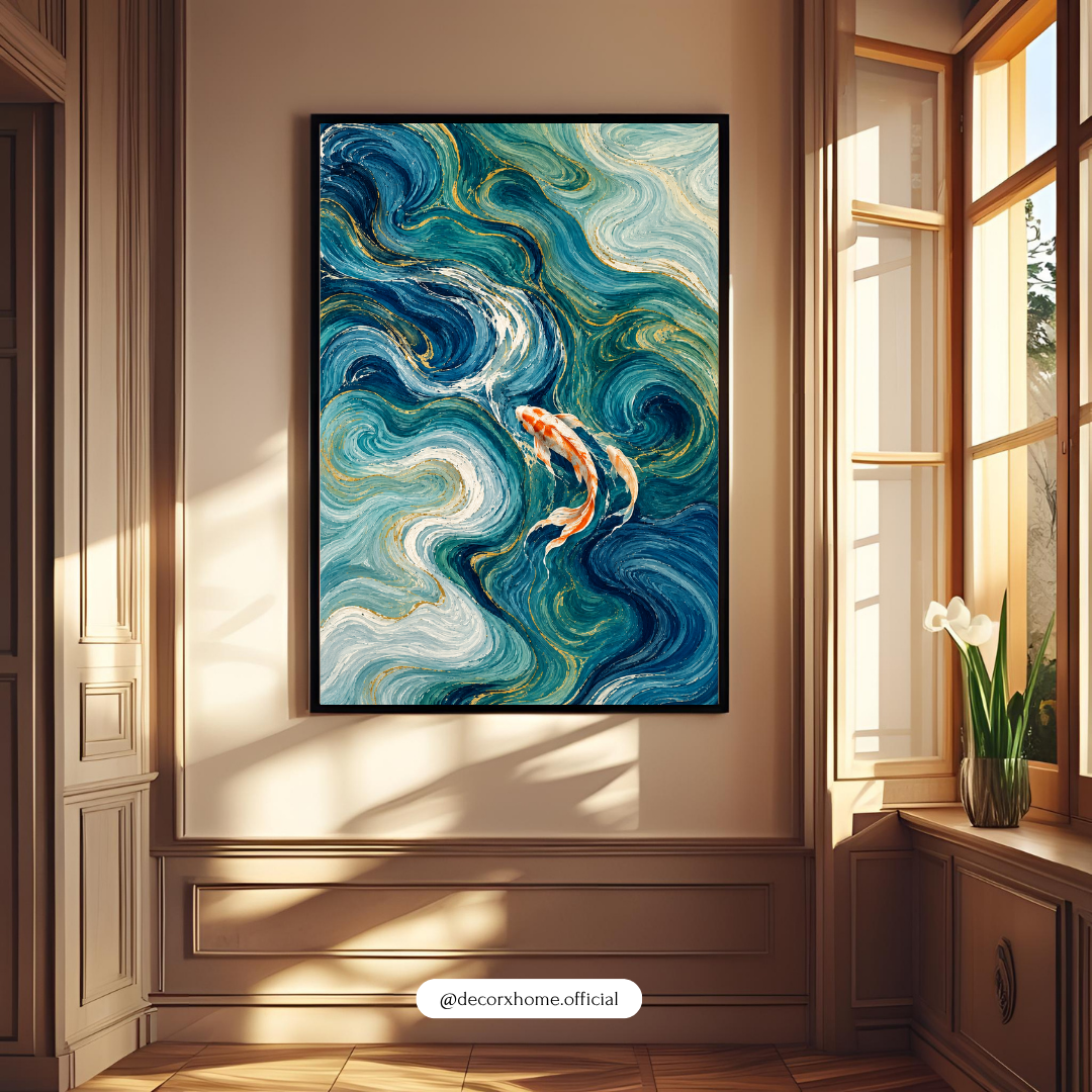 Abstract Koi Fish Wall Art | Blue Ocean Waves Painting Poster | Modern Home Decor | Decorxhome