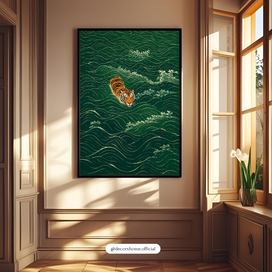 Tiger in Emerald Waves – Minimal Ocean Aesthetic Wall Art Poster | DecorxHome