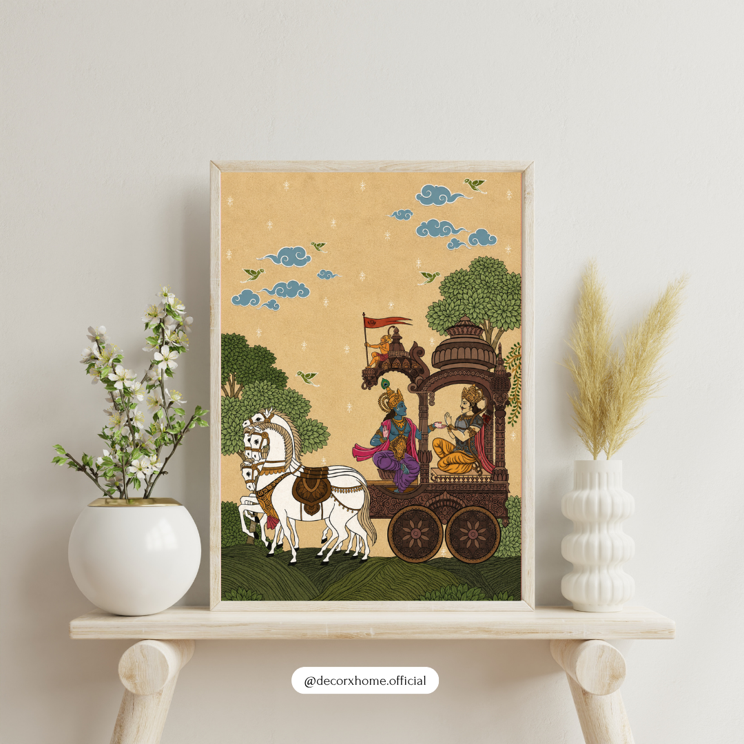 Krishna & Arjuna Chariot Wall Art Poster | Mahabharata Inspired Traditional Indian Decor