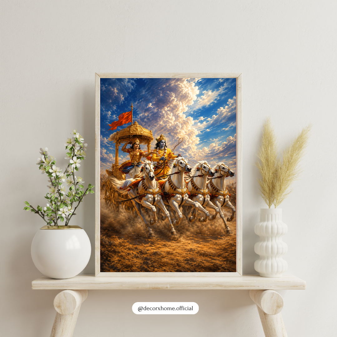 DecorexHome Krishna & Arjuna Mahabharata Poster | Divine Chariot Wall Art | Spiritual Hindu Mythology Artwork | Epic Battle Scene Print