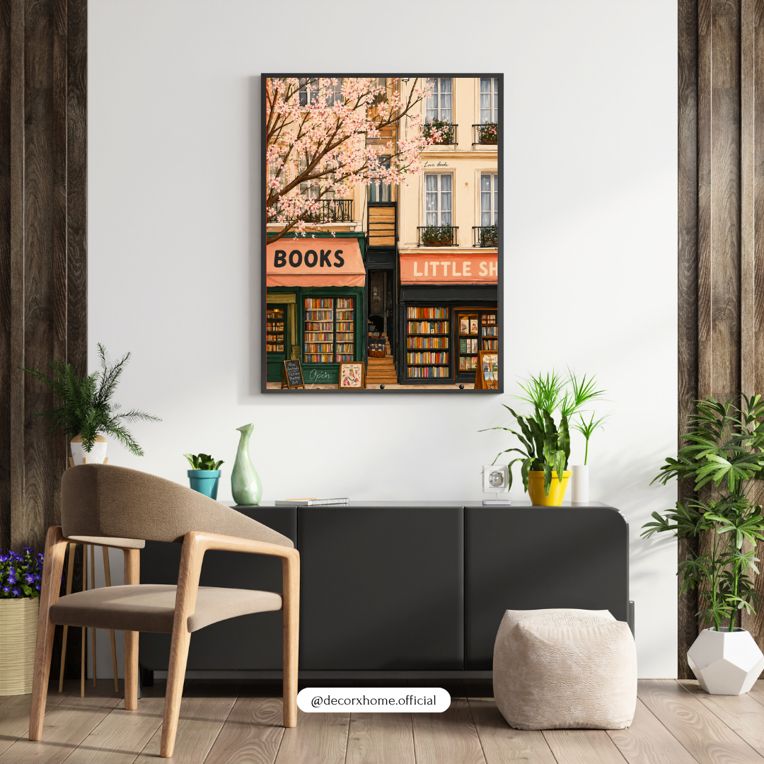 Little Bookshop in Bloom Poster – Springtime Literary Street Wall Art