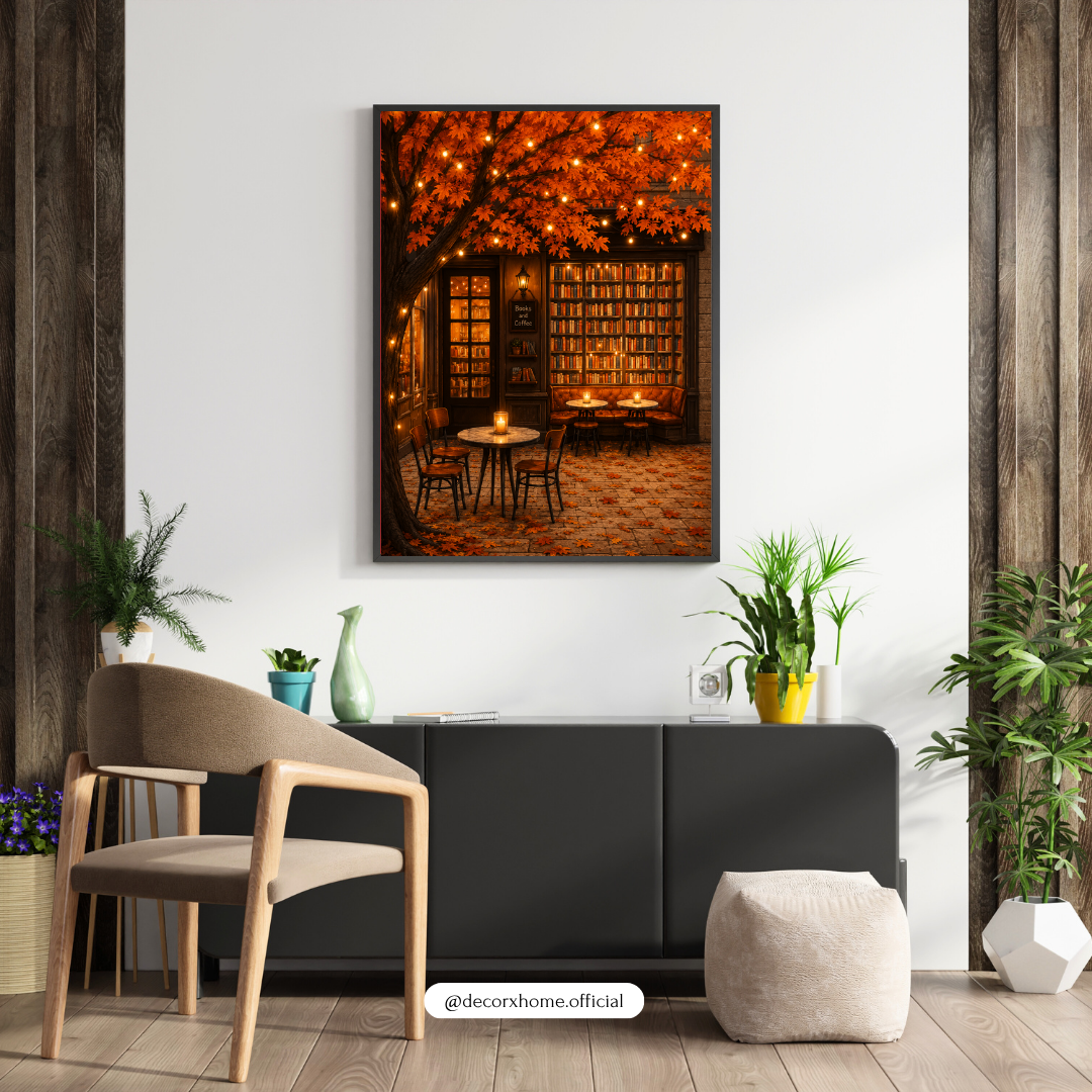 Autumn Book Café Poster – Cozy Literary Retreat Wall Art