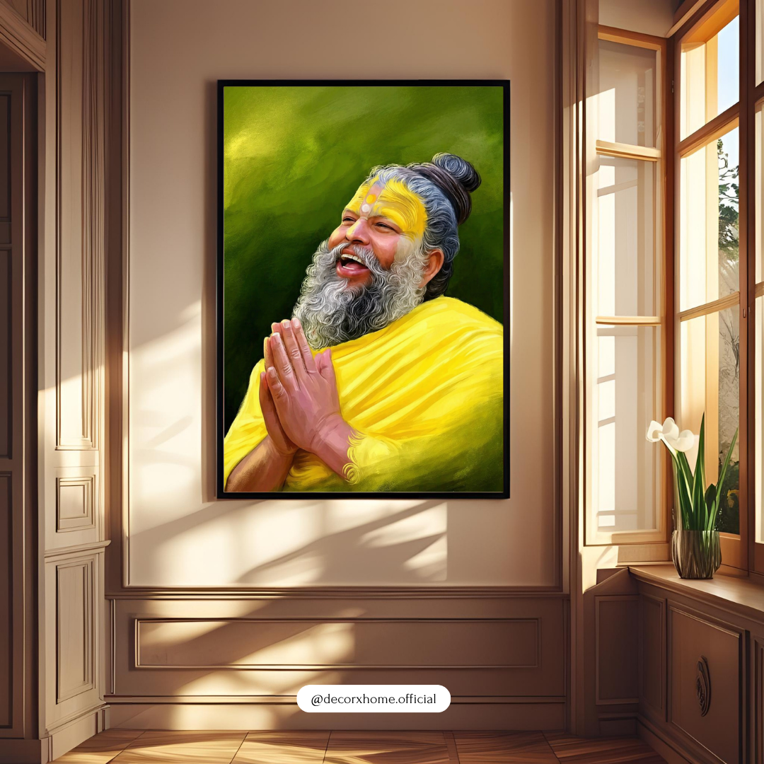 Joyful Spiritual Guru Wall Art – Devotional Sage Portrait in Yellow Robes | Meditation & Positive Energy Poster for Home & Temple | Decorxhome