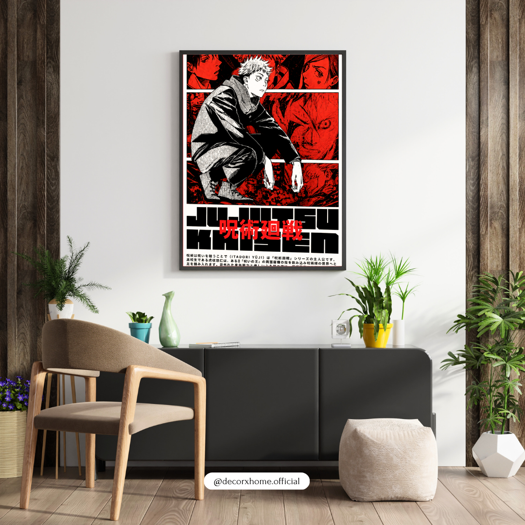 Jujutsu Kaisen Yuji Itadori Manga Poster | Red & Black Anime Wall Art for Otaku Rooms | Decorxhome