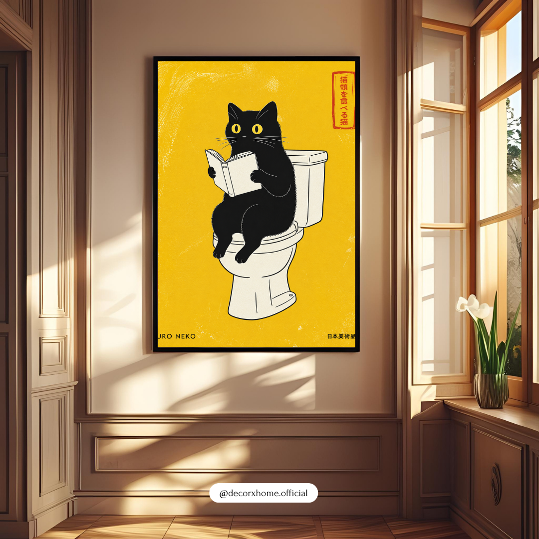 Kuro Neko Reading Cat Toilet Poster | Quirky Minimal Wall Art for Bathroom & Living Space – Decorxhome