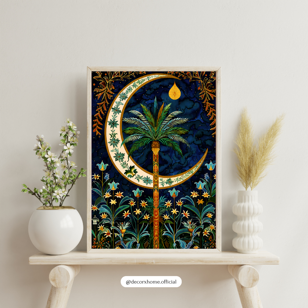 Decorexhome Moonlit Palm Oasis Wall Art Poster | Boho Tropical Crescent Moon Canvas Print | Celestial Botanical Home Decor