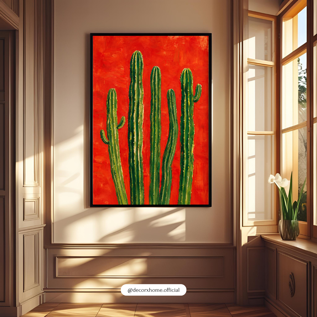 Green Cactus on Red Background Wall Art Poster | Modern Botanical Decor | Decorexhome