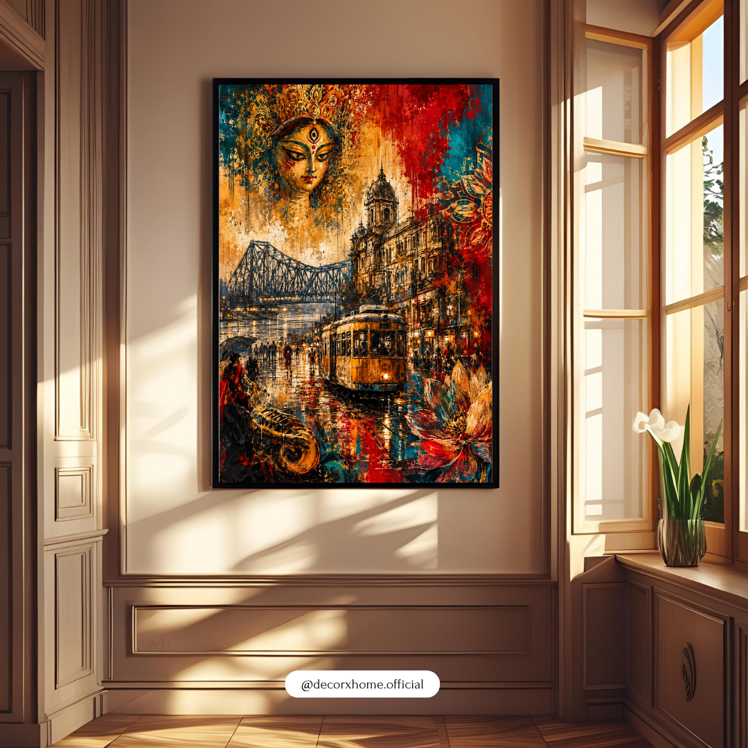 Kolkata Heritage Wall Art Poster | Maa Durga, Howrah Bridge & Vintage Tram – Decorxhome