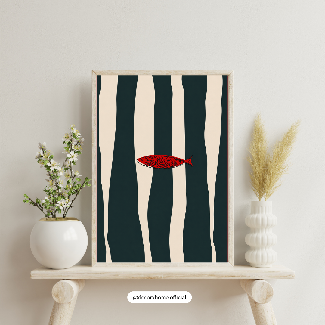Minimalist Red Fish Abstract Poster | Modern Coastal Wall Art by DecorxHome