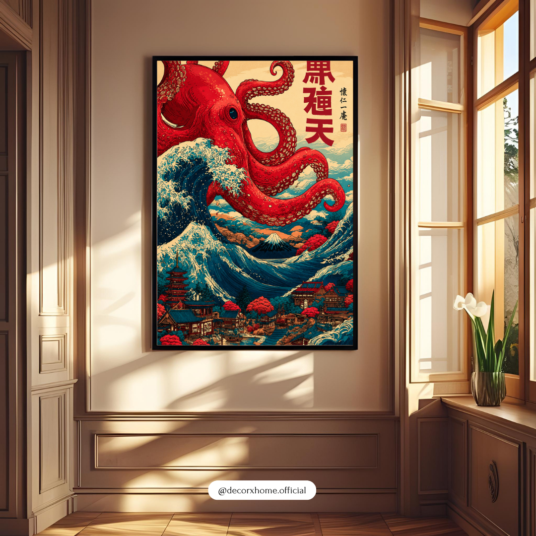 Crimson Octopus Wave – Japanese Ukiyo-E Inspired Wall Art Poster | DecorxHome