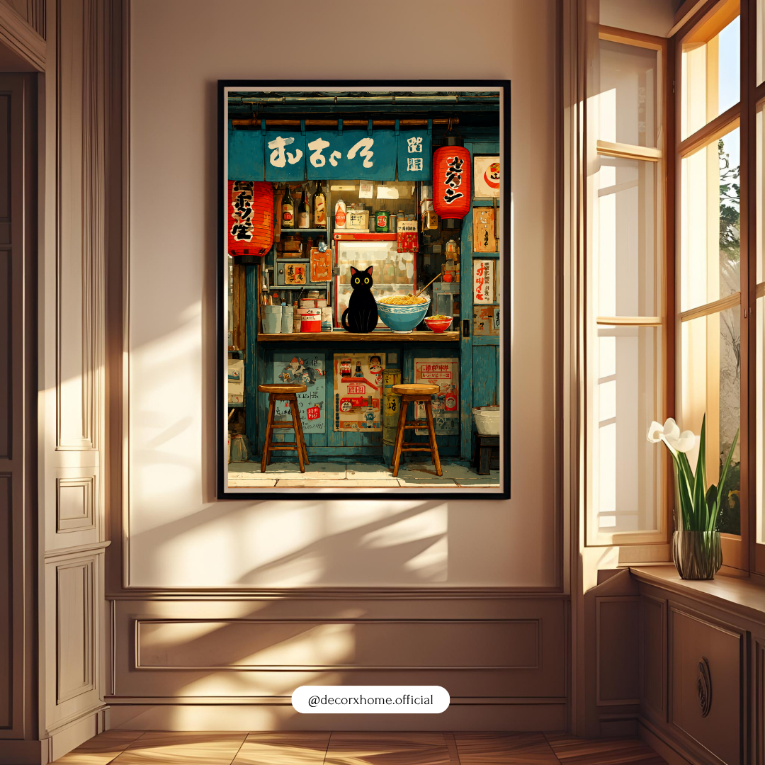 Japanese Ramen Shop & Black Cat Aesthetic Wall Art