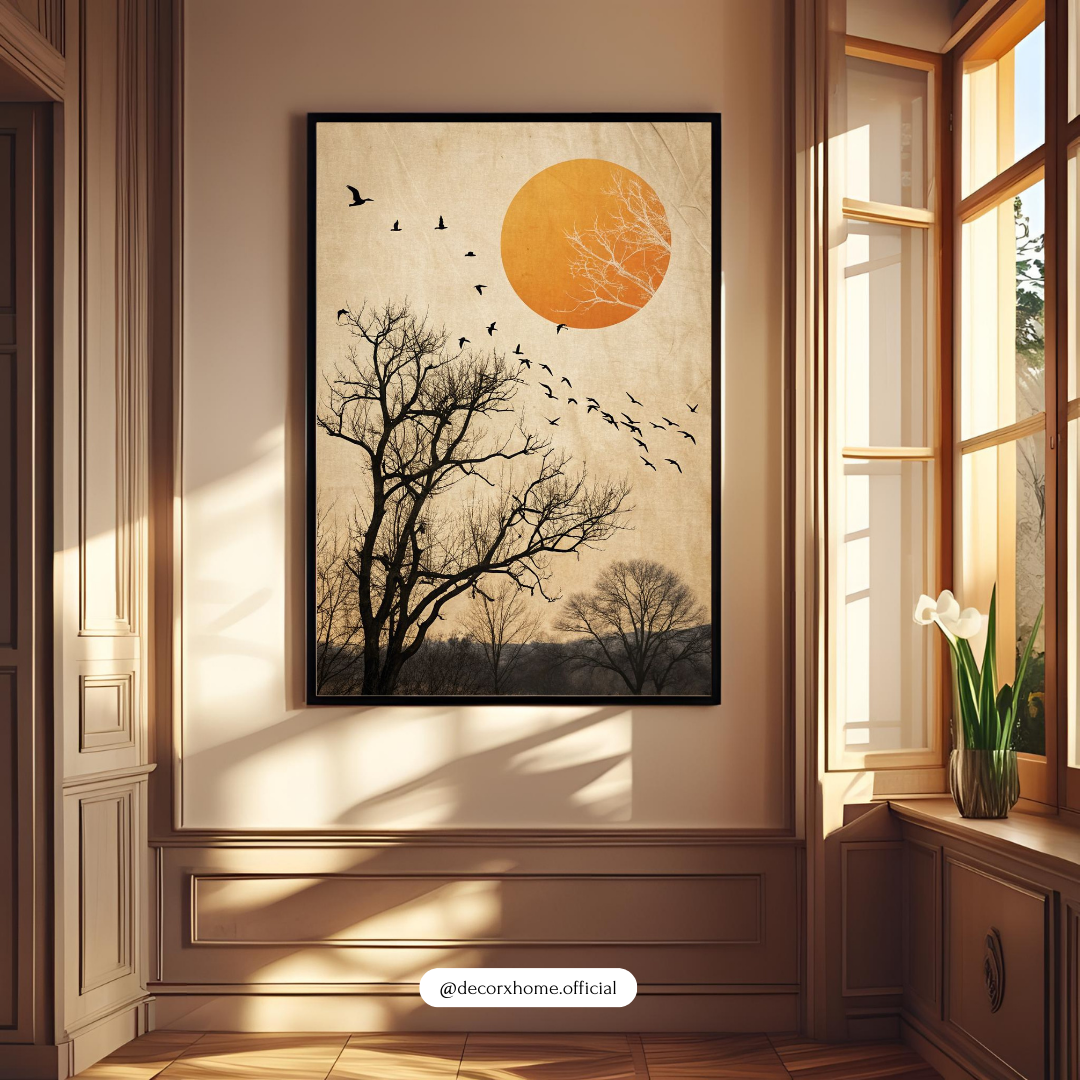 Sunset Tree Silhouette Wall Art Poster – Minimalist Nature Landscape with Birds | Decorxhome