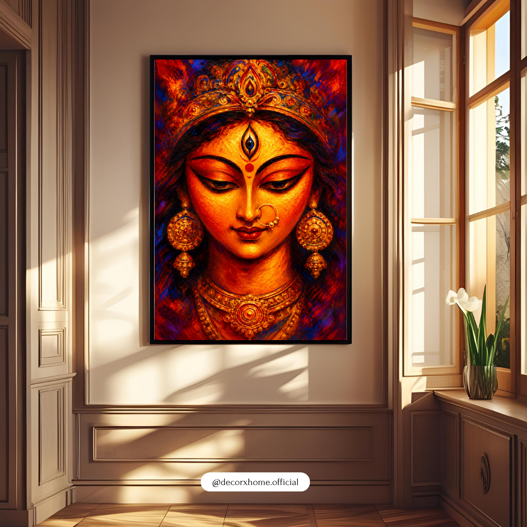 Goddess Durga Face Wall Art | Maa Durga Divine Portrait Poster & Framed Artwork