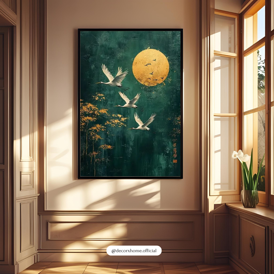Golden Moon & Flying Cranes Wall Art | Japanese-Inspired Nature Poster | Elegant Minimal Decor | Decorxhome