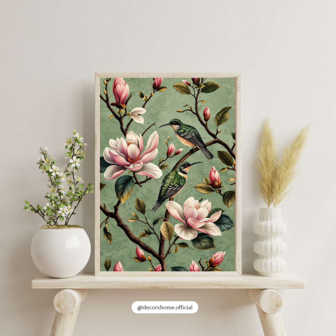 Magnolia Blossoms & Songbirds Wall Art Poster | Vintage Botanical Nature Decor