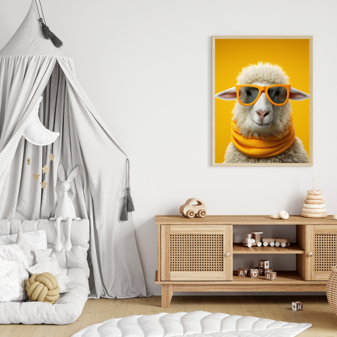 Cool Sheep Wall Art – Framed Animal Print for Modern Home & Office Decor