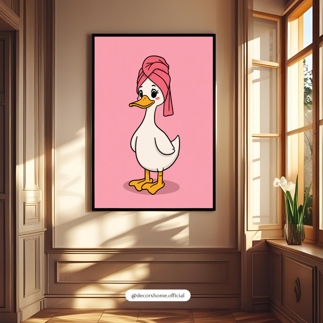 Cute Spa Duck Poster | Pink Cartoon Duck Wall Art for Kids Room & Bathroom – Decorxhome
