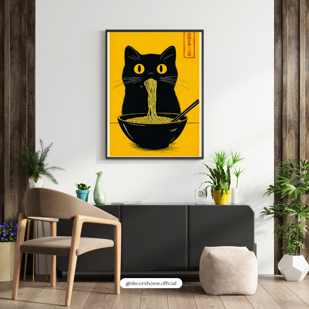 Ramen Cat Wall Art Poster – Japanese Style Funny Cat Print | Minimal Food Aesthetic Decor (Framed)