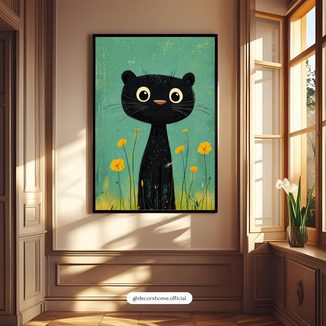 Cute Black Cat Wall Art Poster – Minimal Kids Room Decor | Aesthetic Animal Illustration (Framed Print)
