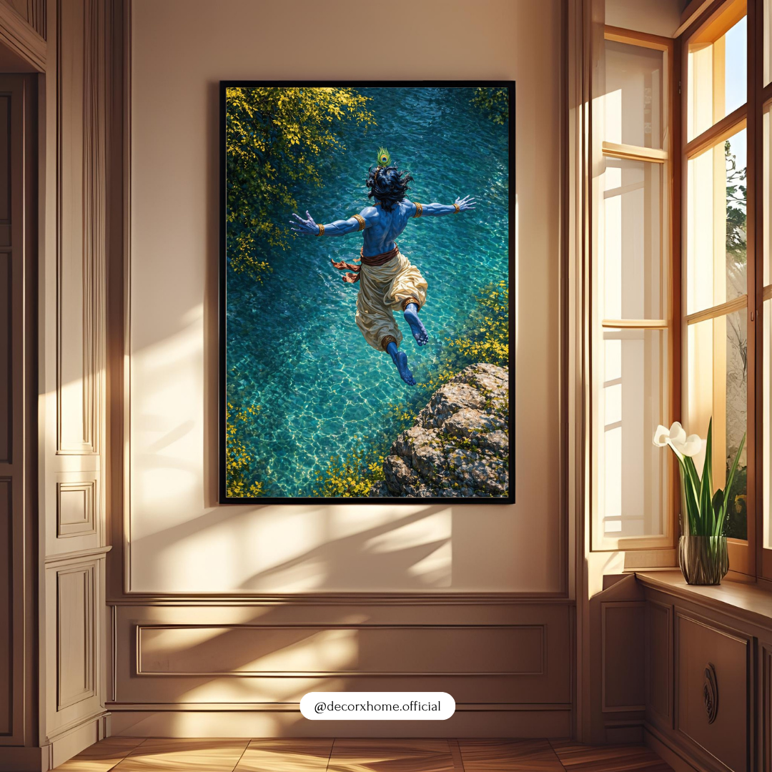 Krishna Divine Leap Wall Art Poster – Spiritual Nature Aesthetic Painting | Decorxhome