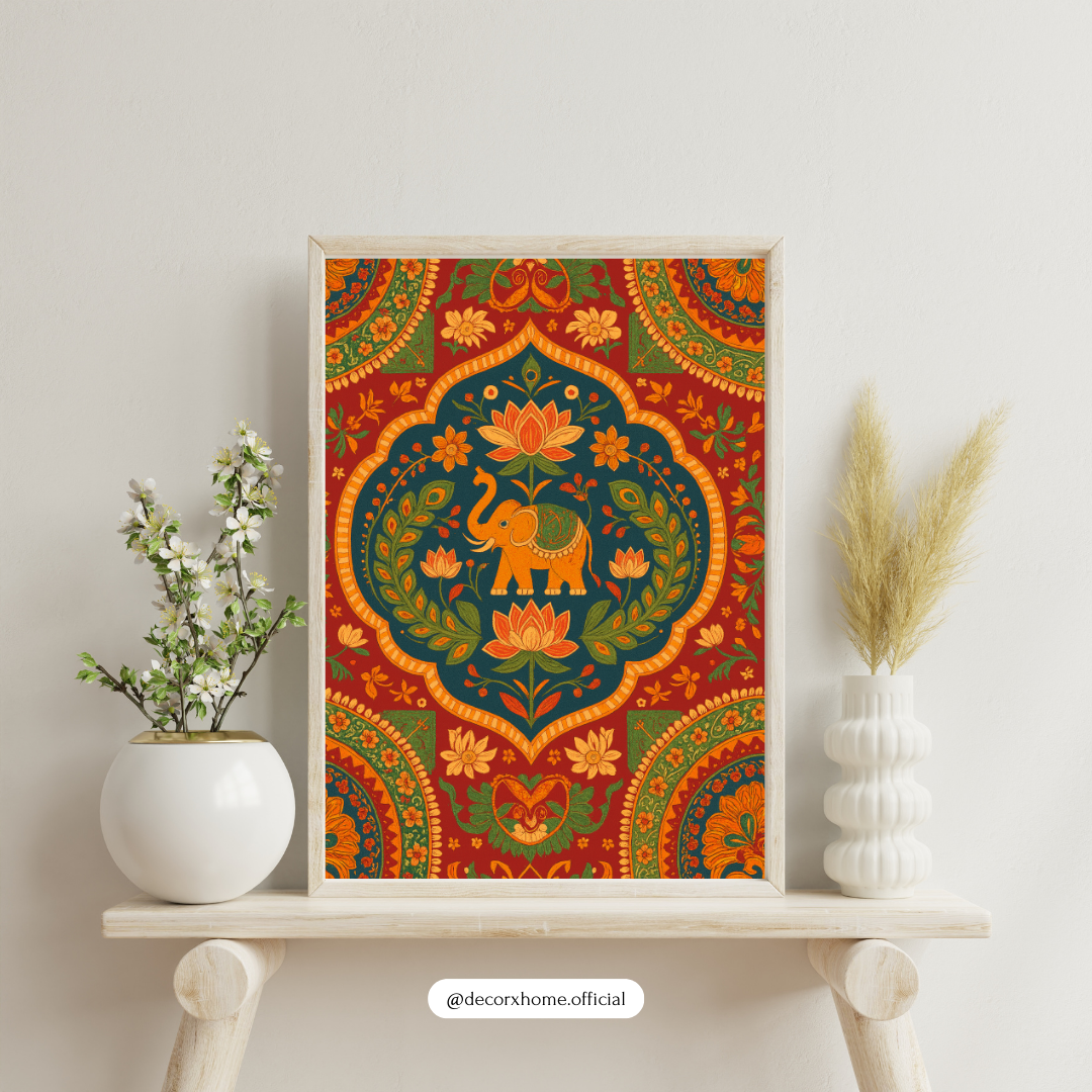 Lotus Elephant Mandala Poster – Vibrant Traditional Indian Art Wall Decor