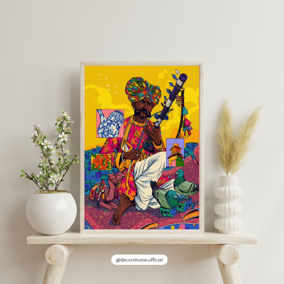 Rajasthani Folk Musician Wall Art Poster | Vibrant Indian Cultural Pop Art Decor