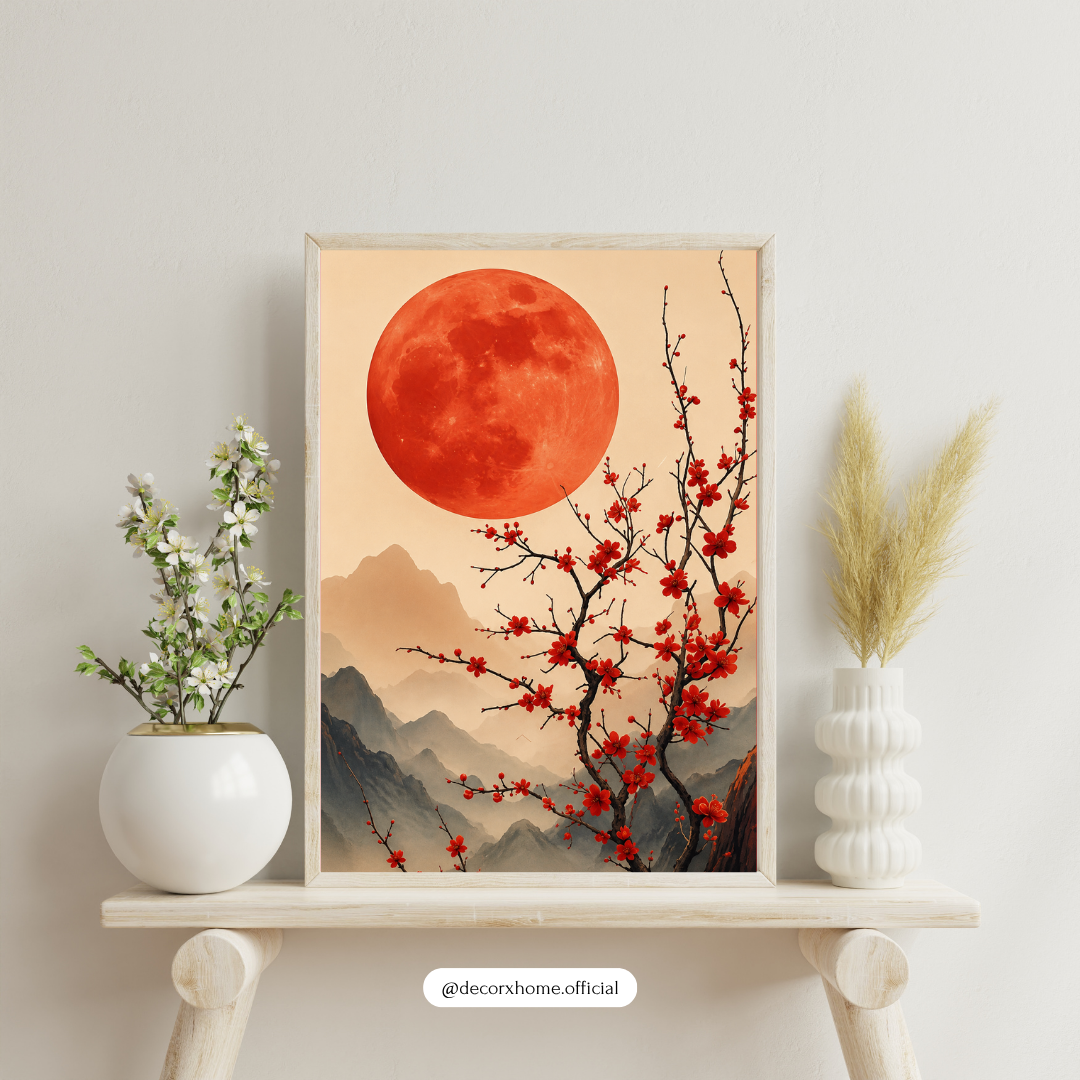 Red Moon Sakura Landscape Wall Art Poster | Japanese Zen Nature Decor