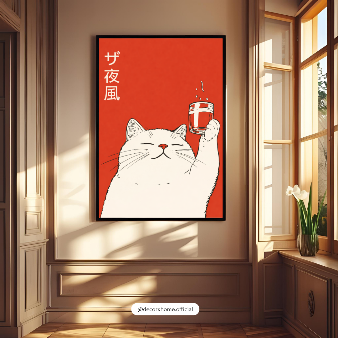 Minimalist Japanese Cat Cheers Poster | Cute Anime Style Wall Art | Decorxhome