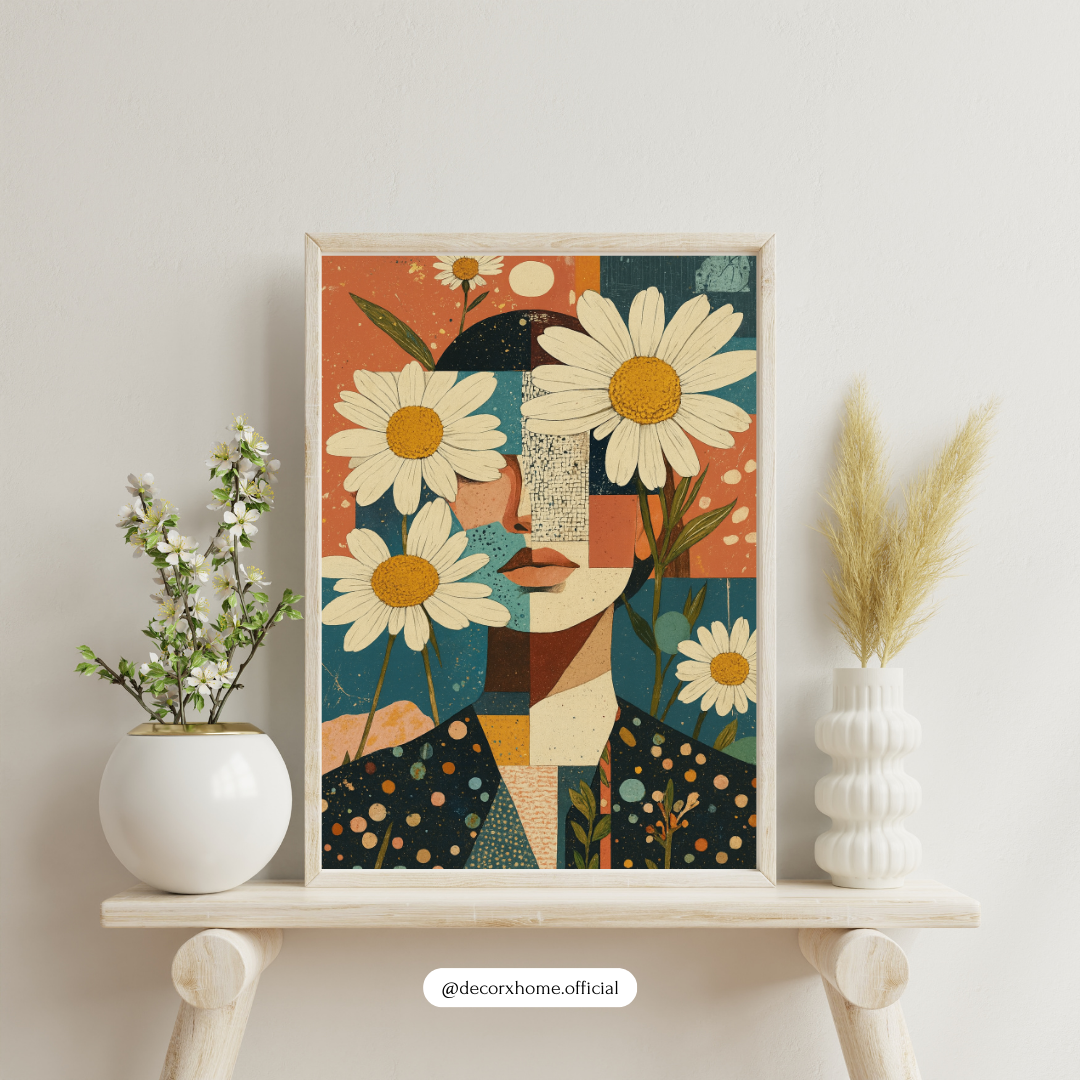 Floral Abstract Woman Poster – Daisy Face Modern Aesthetic Wall Art