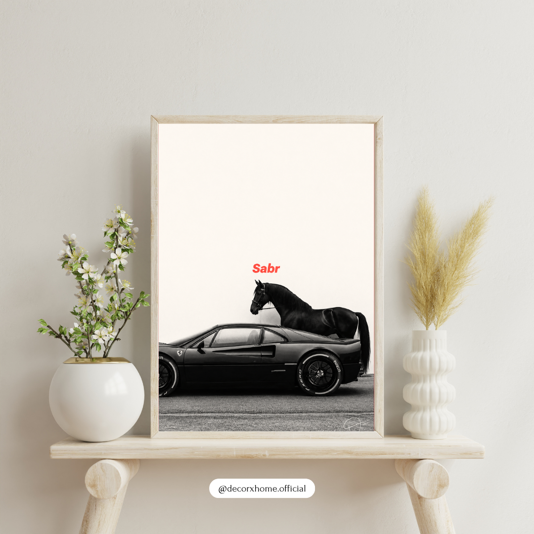 Sabr Luxury Car & Stallion Wall Poster | Minimalist Success Aesthetic by DecorxHome