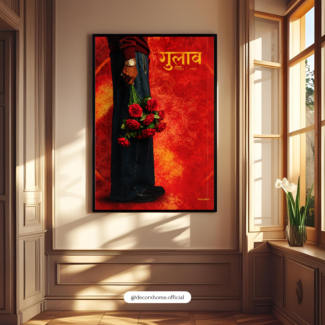 Gulab Romantic Hindi Typography Wall Art | Red Roses & Love Poster | Modern Indian Art | Decorxhome